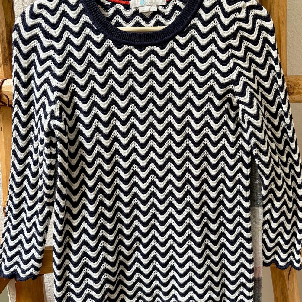 Boden Blue and White Crew Neck Sweater with Zigzag Pattern and Scalloped Edges